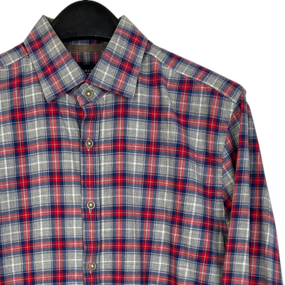 Charles‎ Tyrwhitt WEEKEND Mens Medium EXTRA SLIM Fit Plaid Shirt Red Blue Grey